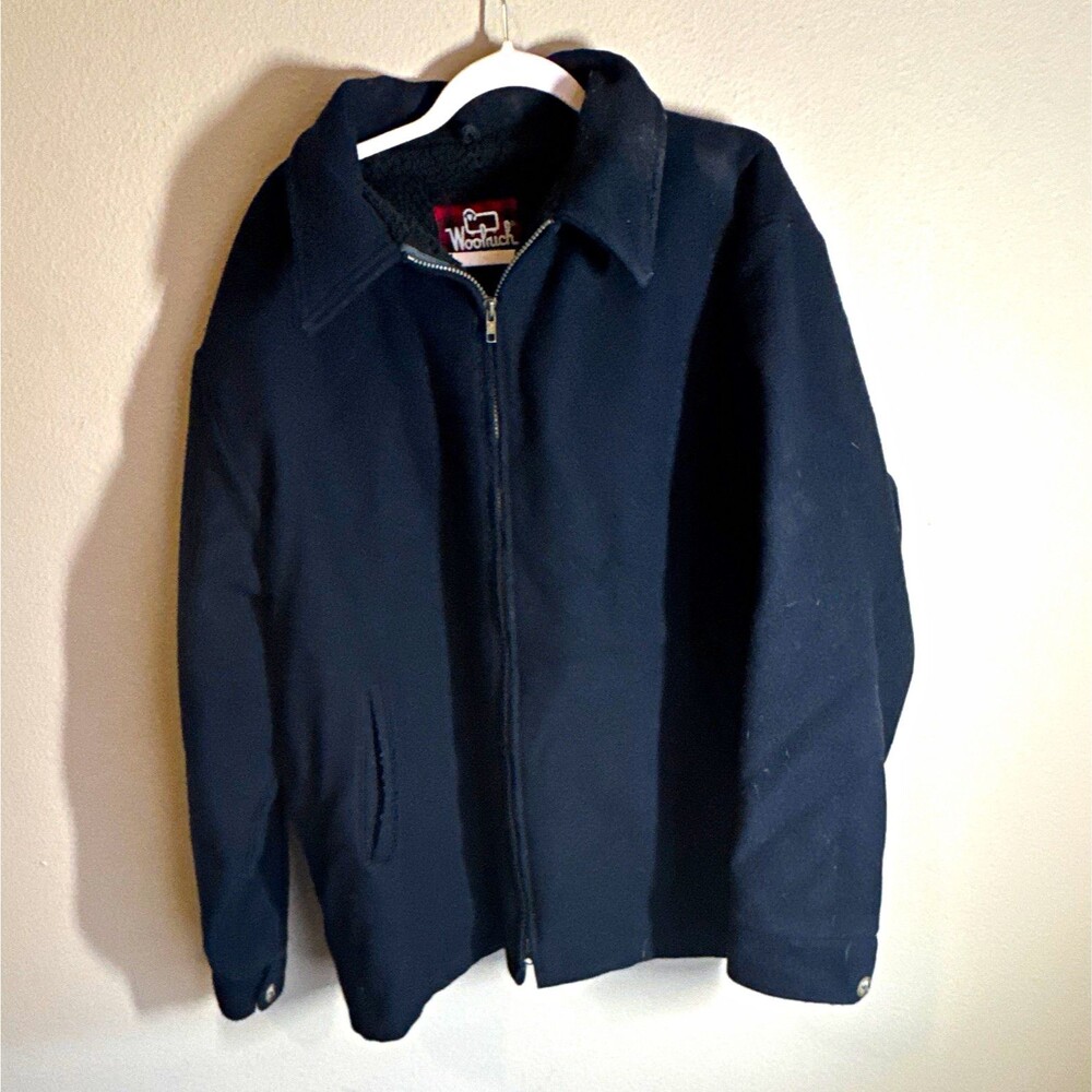 Woolrich Men’s Navy Wool Zip Front Jacket Point Collar Short Length Size XL